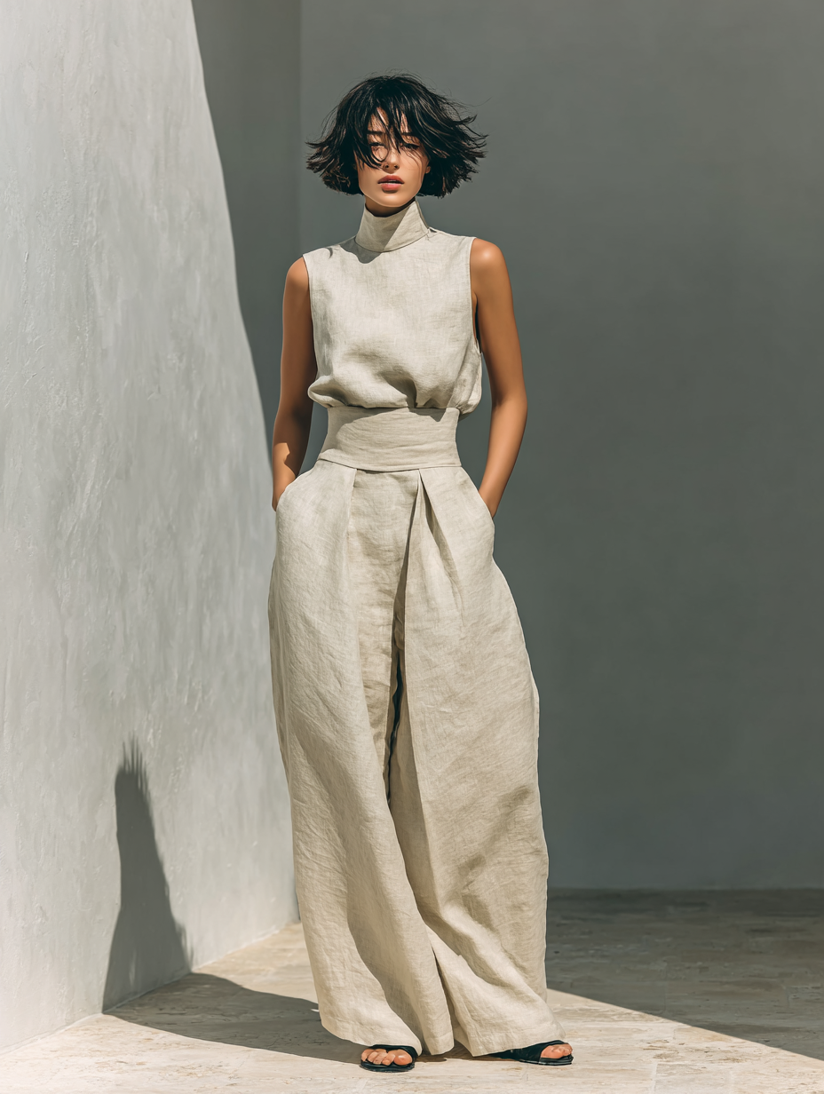 Set Minimalista de Mujer en Lino y Algodón — Blusa sin Mangas y Pantalón de Pierna Ancha