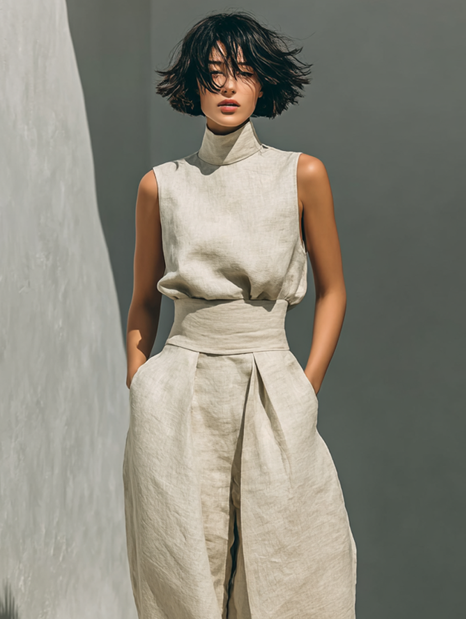 Set Minimalista de Mujer en Lino y Algodón — Blusa sin Mangas y Pantalón de Pierna Ancha