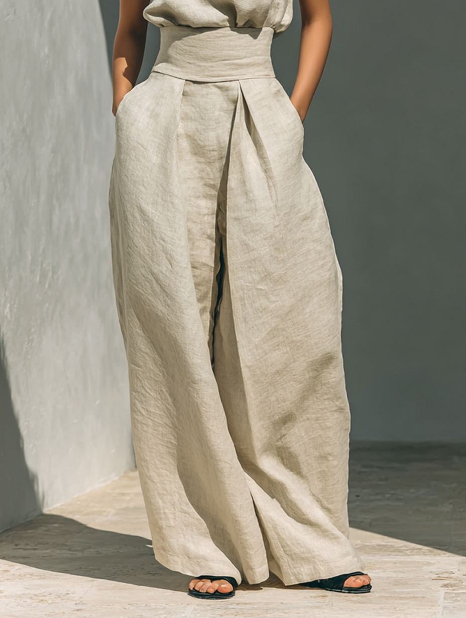 Set Minimalista de Mujer en Lino y Algodón — Blusa sin Mangas y Pantalón de Pierna Ancha