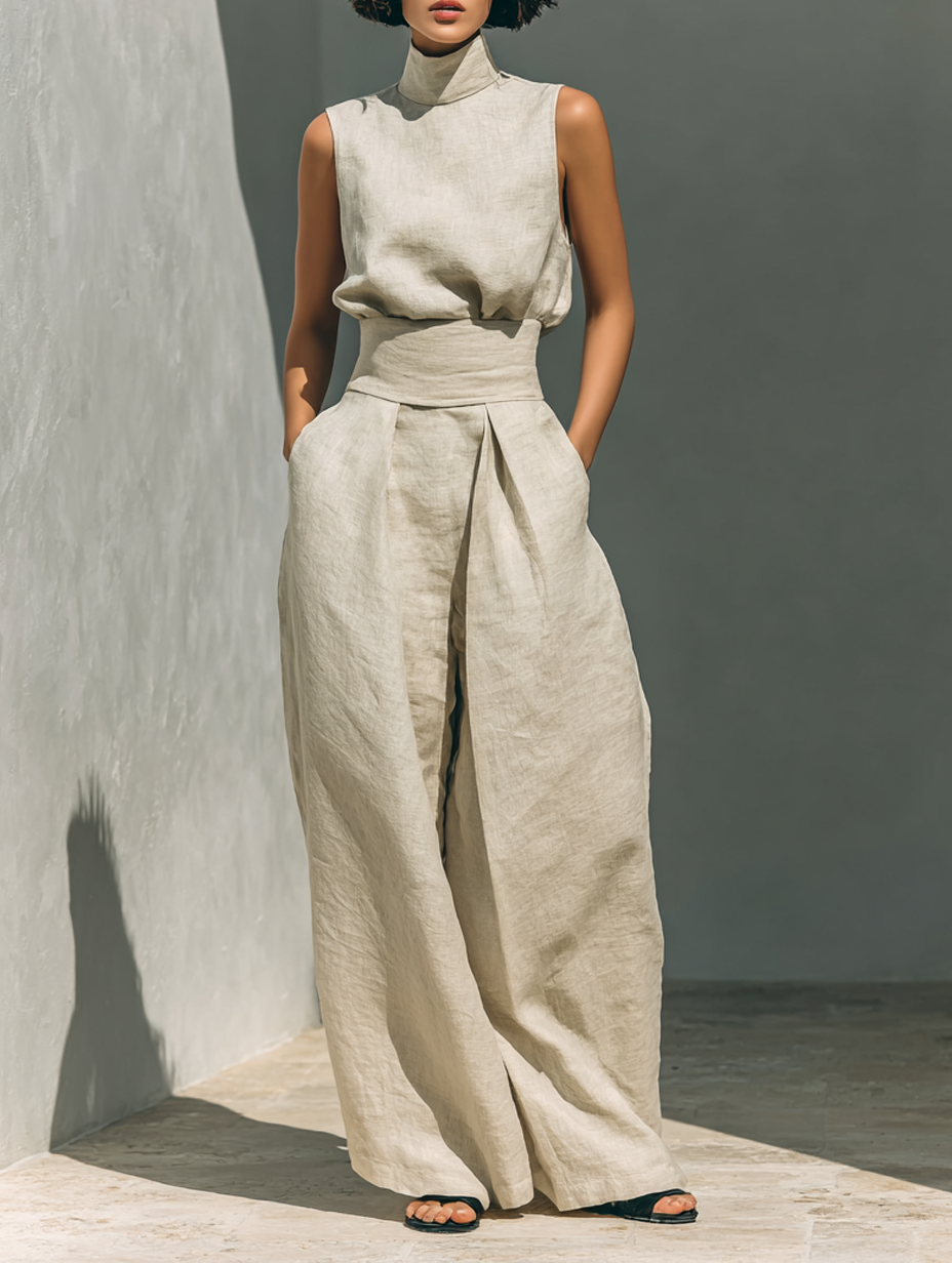 Set Minimalista de Mujer en Lino y Algodón — Blusa sin Mangas y Pantalón de Pierna Ancha