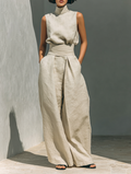 Set Minimalista de Mujer en Lino y Algodón — Blusa sin Mangas y Pantalón de Pierna Ancha