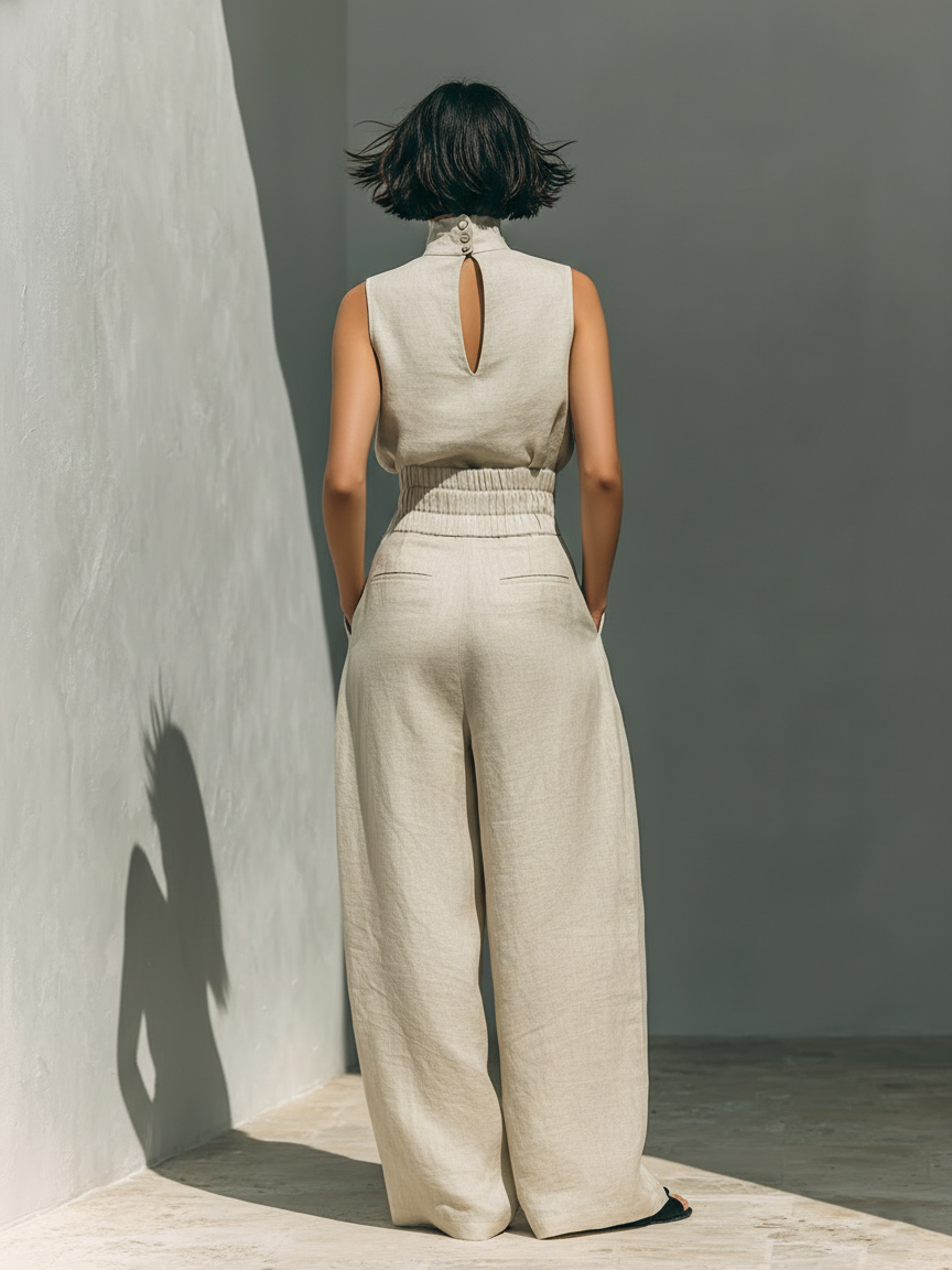 Set Minimalista de Mujer en Lino y Algodón — Blusa sin Mangas y Pantalón de Pierna Ancha