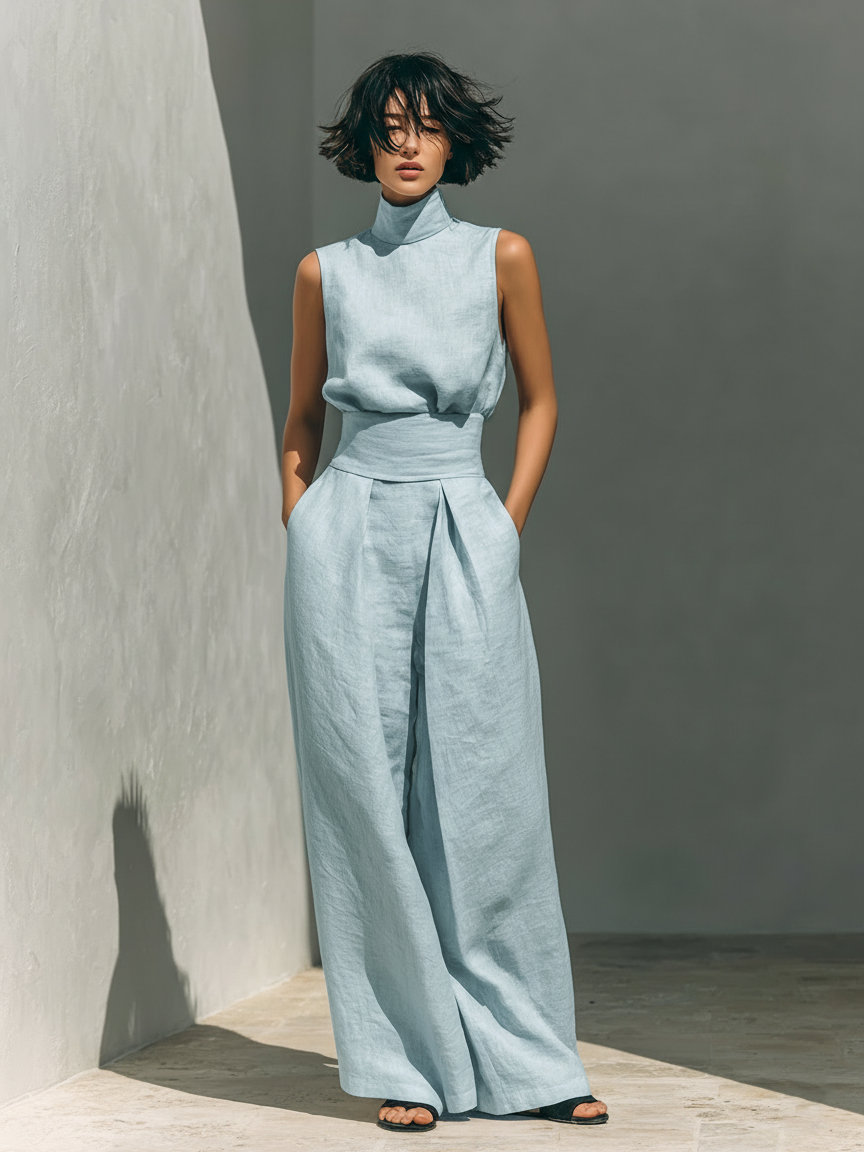 Set Minimalista de Mujer en Lino y Algodón — Blusa sin Mangas y Pantalón de Pierna Ancha