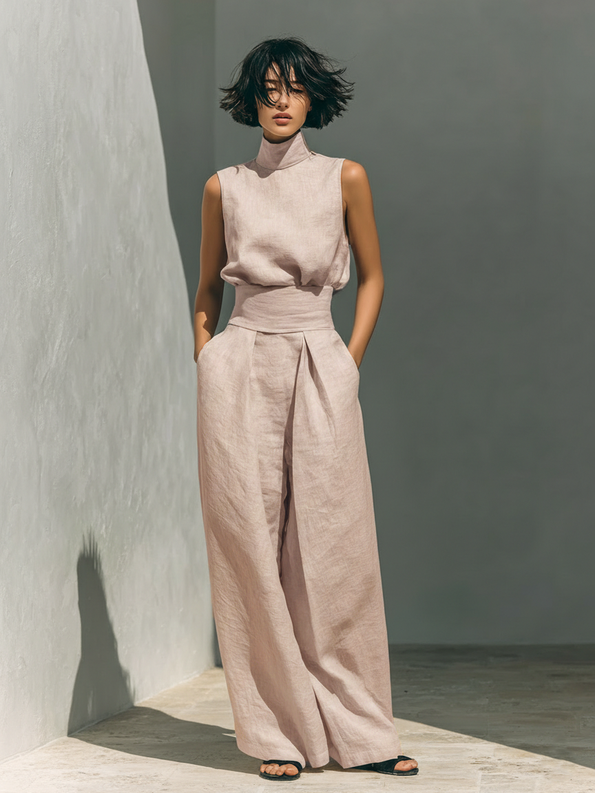 Set Minimalista de Mujer en Lino y Algodón — Blusa sin Mangas y Pantalón de Pierna Ancha