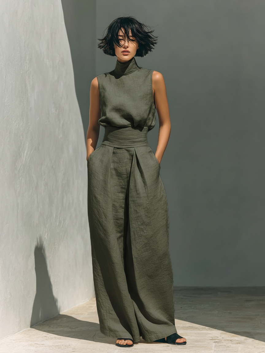 Set Minimalista de Mujer en Lino y Algodón — Blusa sin Mangas y Pantalón de Pierna Ancha