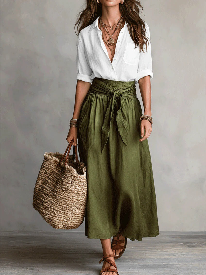 RIVER | Conjunto de Dos Piezas: Camisa Negra y Falda Midi Verde Oliva