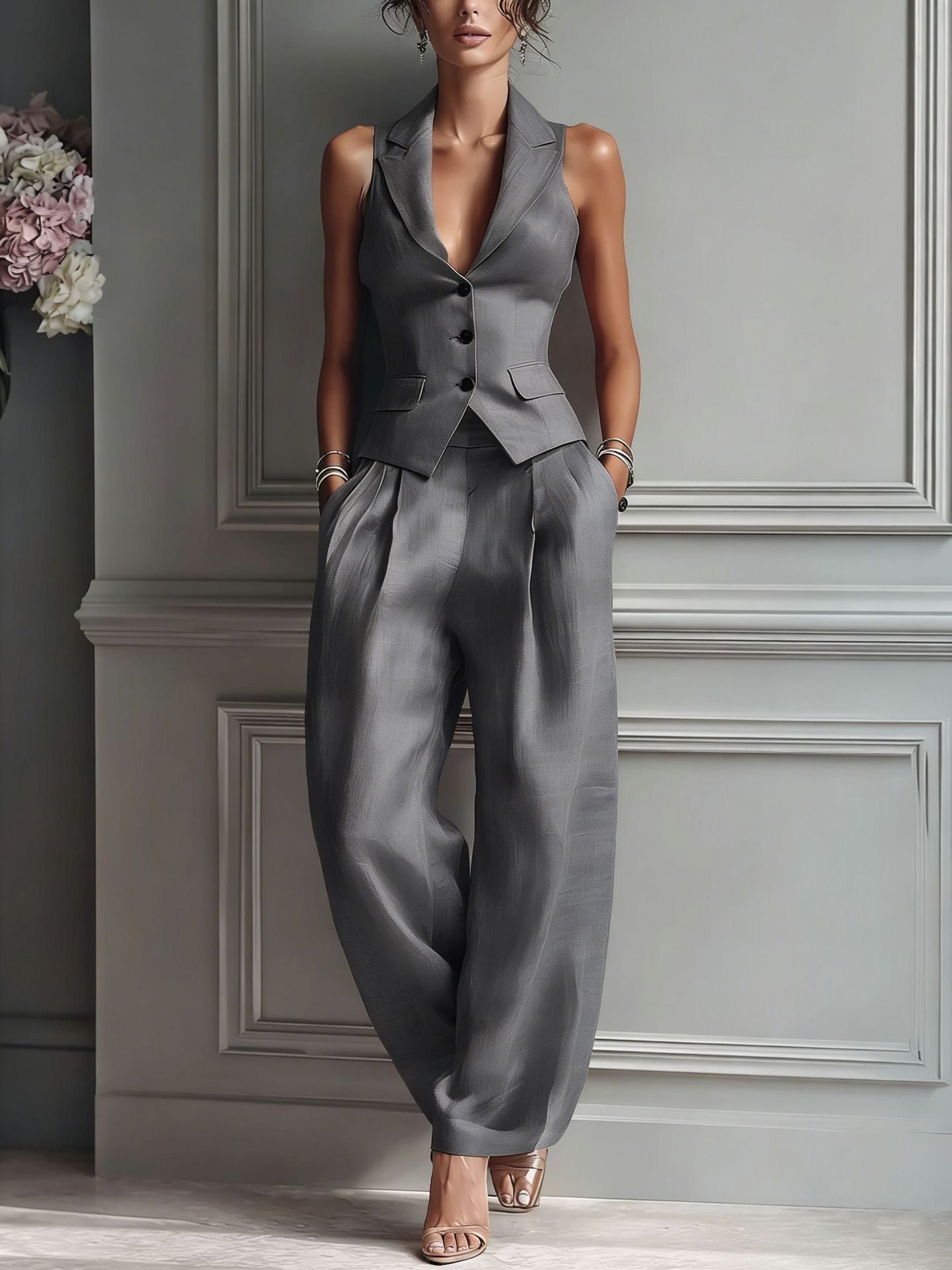 Conjunto de Dos Piezas con Escote en V y Botones para Mujer