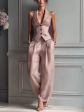 Conjunto de Dos Piezas con Escote en V y Botones para Mujer