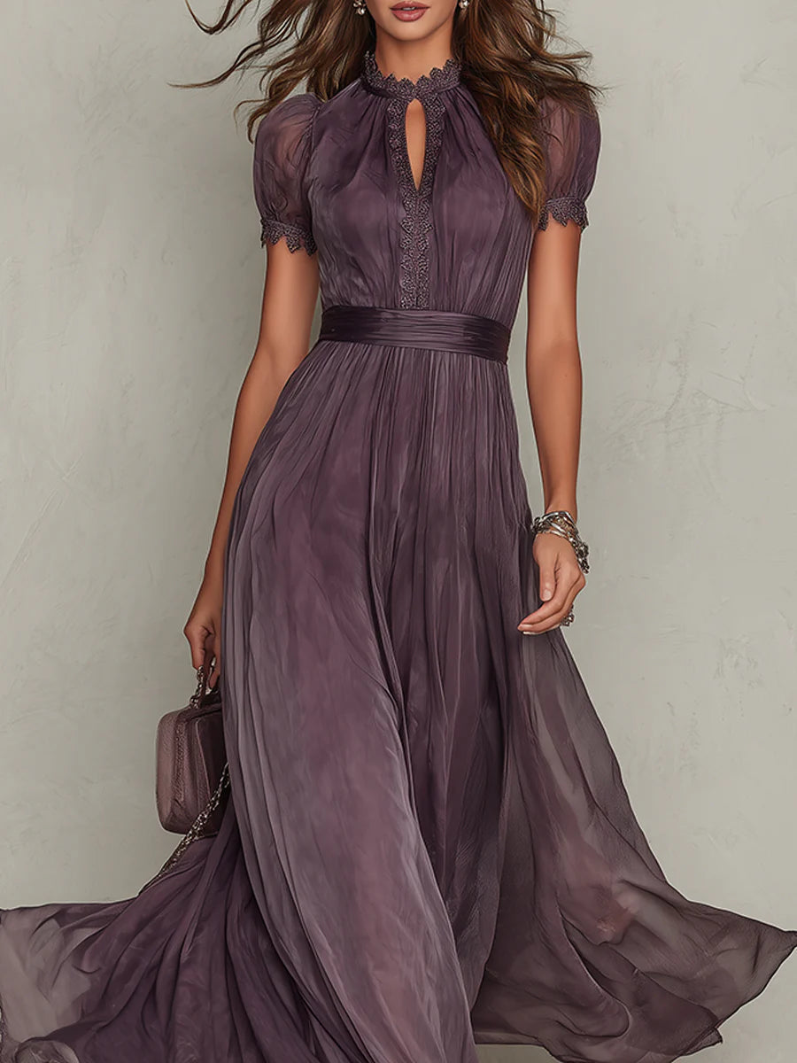 Flavia | Vestido Largo Morado con Escote Gota y Encaje de Chifón