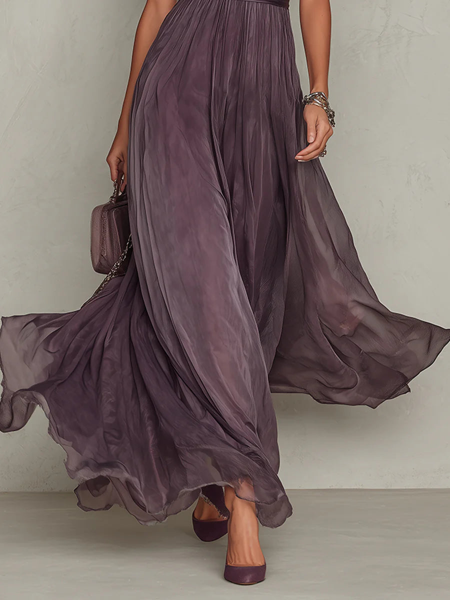 Flavia | Vestido Largo Morado con Escote Gota y Encaje de Chifón
