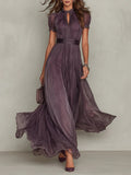 Flavia | Vestido Largo Morado con Escote Gota y Encaje de Chifón