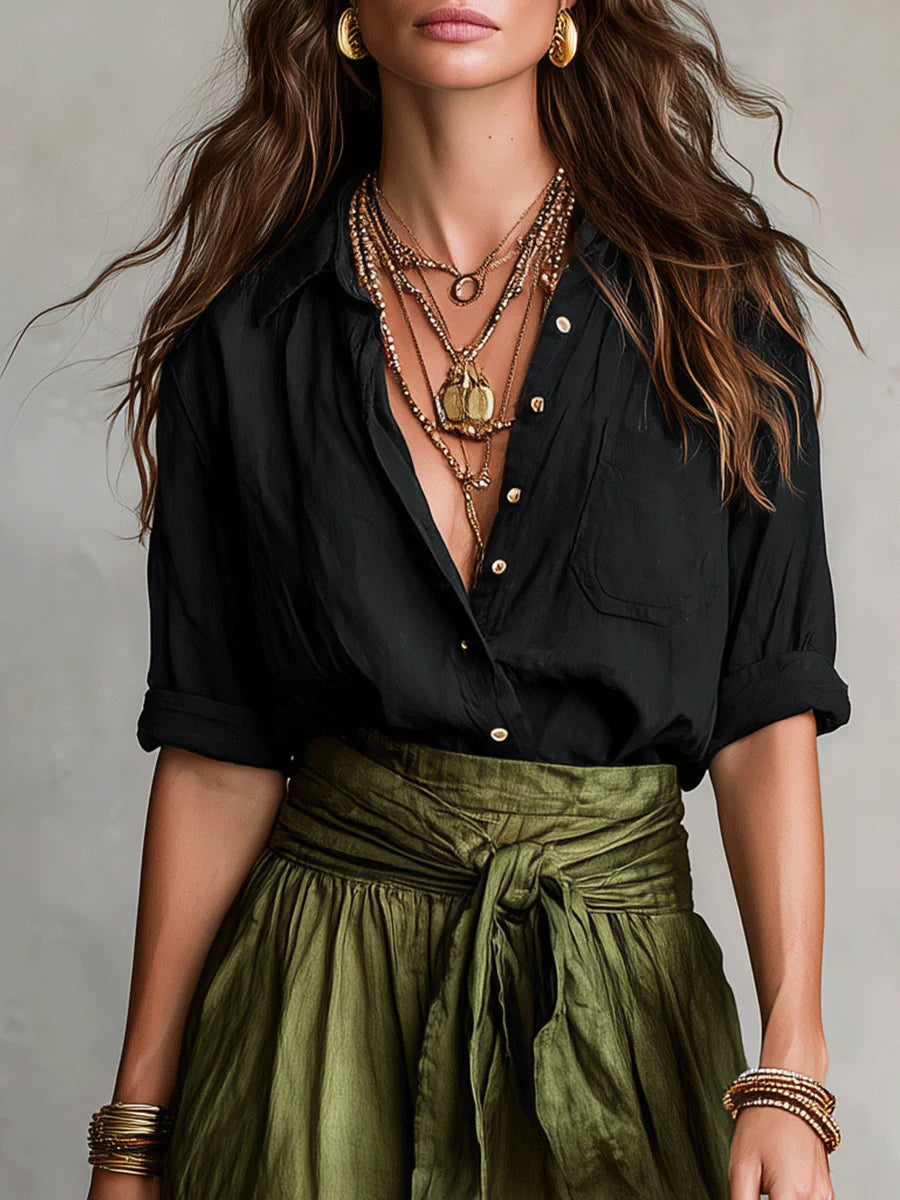 RIVER | Conjunto de Dos Piezas: Camisa Negra y Falda Midi Verde Oliva