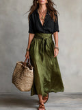 RIVER | Conjunto de Dos Piezas: Camisa Negra y Falda Midi Verde Oliva